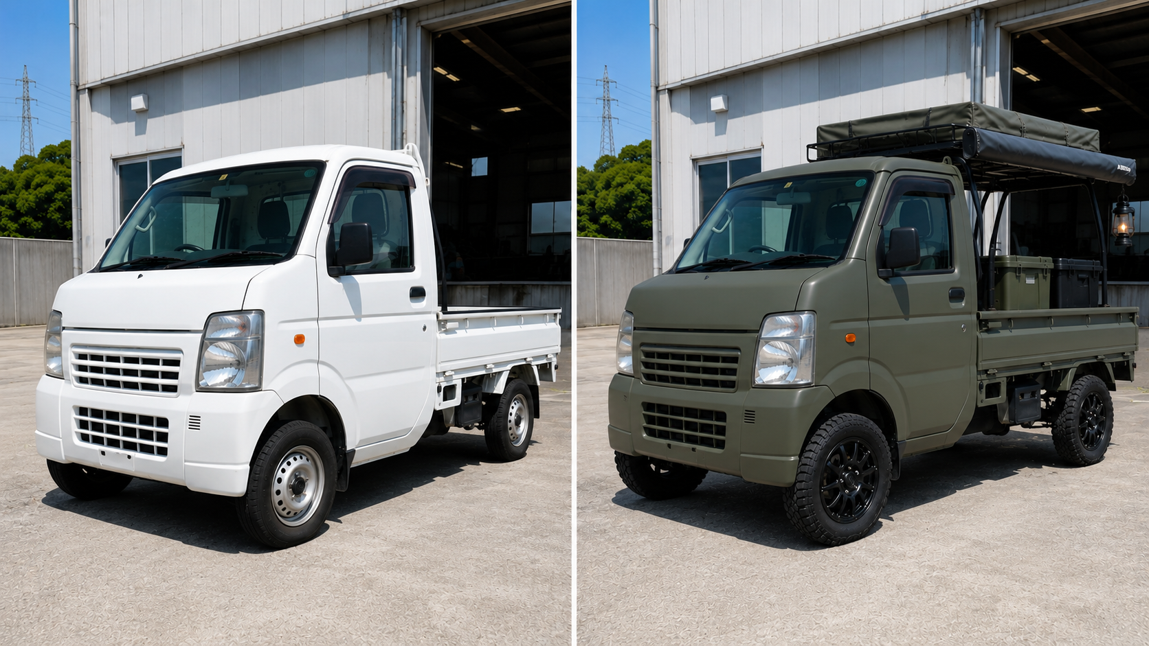 純正の白い軽トラとミリタリーカラーのキャンプ仕様軽トラの比較