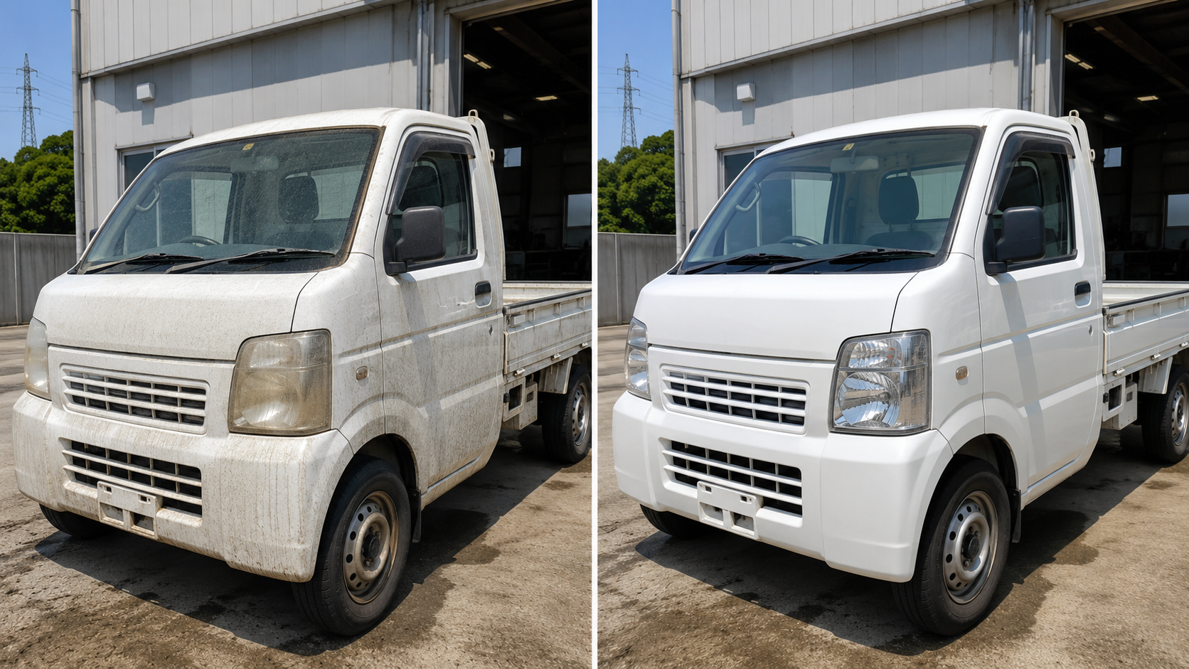 汚れた軽トラと車磨き後の軽トラのビフォーアフター